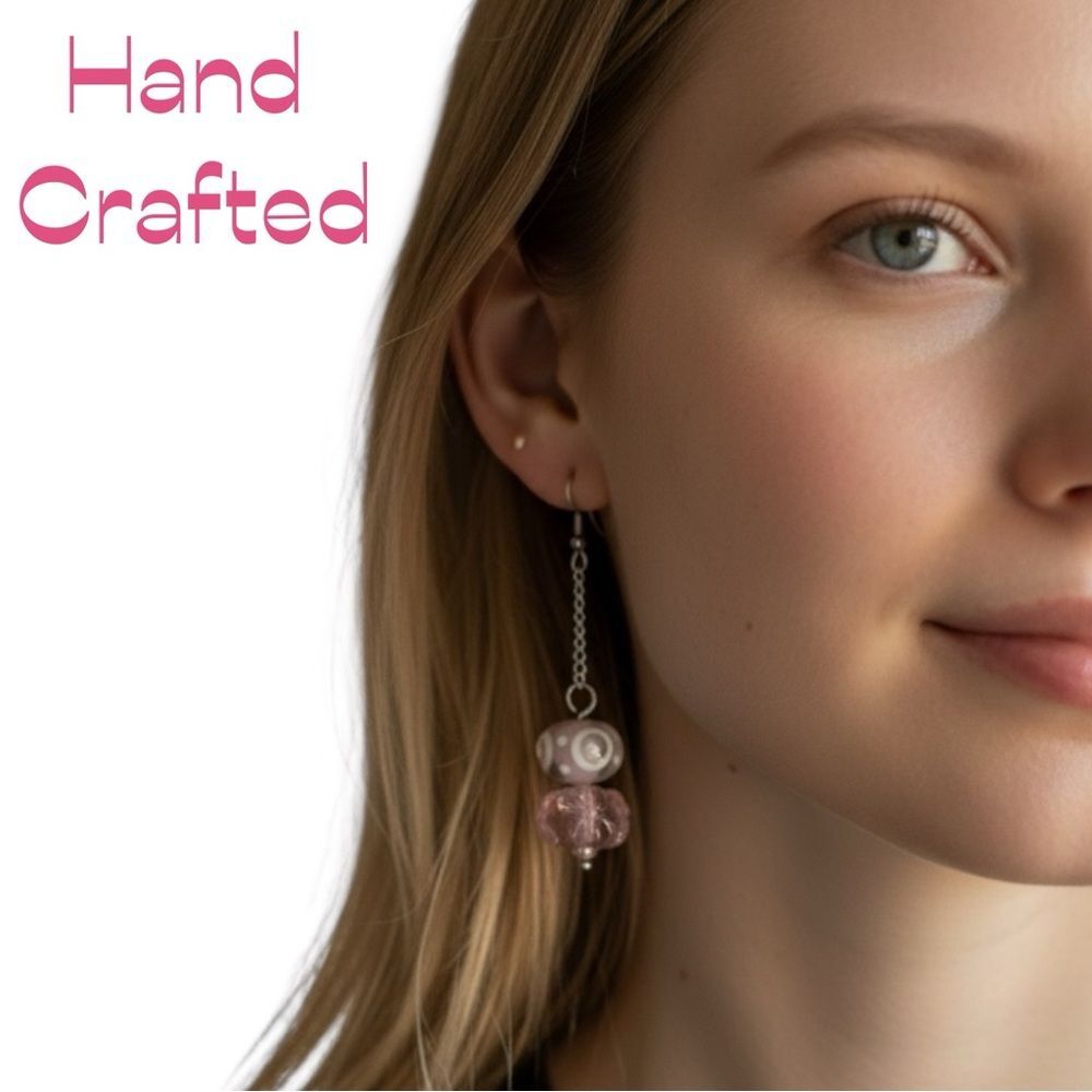 Hand Crafted Pink White Glass Beads W Chain Earring Set NWT